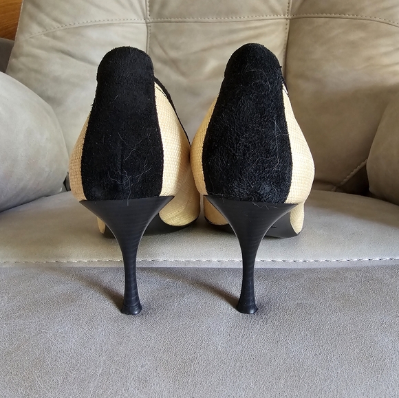 Via Spiga Beige canvas Black Suede Bow Accent Y2K Pointed Toe Heels Shoes sz 10 - Picture 5 of 11